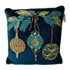 NEW MacKenzie-Childs Emerald Ornaments Beaded Throw Pillow 18x18
